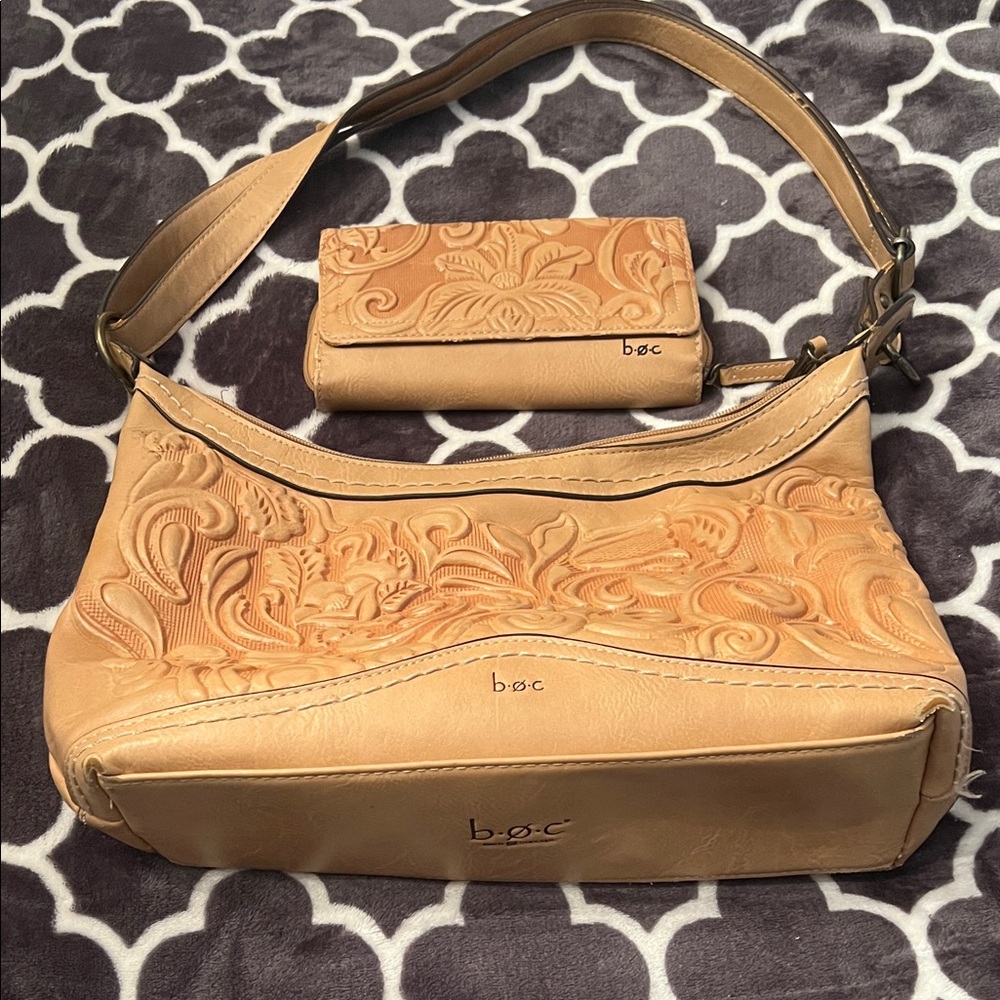 b.o.c. Tan Embossed Shoulder Bag with Wallet